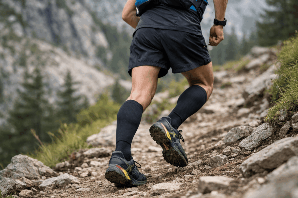Alpine trail runner, close-up view