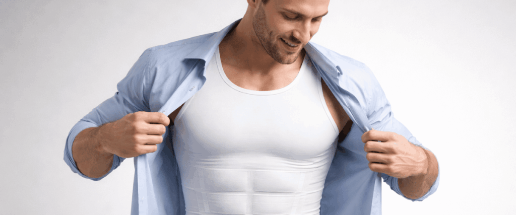 a man concealing his curves with his compression t-shirt