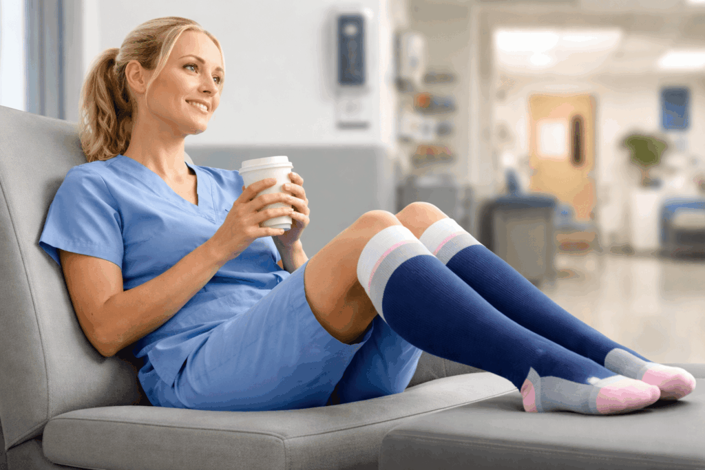 a nurse enjoying the benefits of compression socks