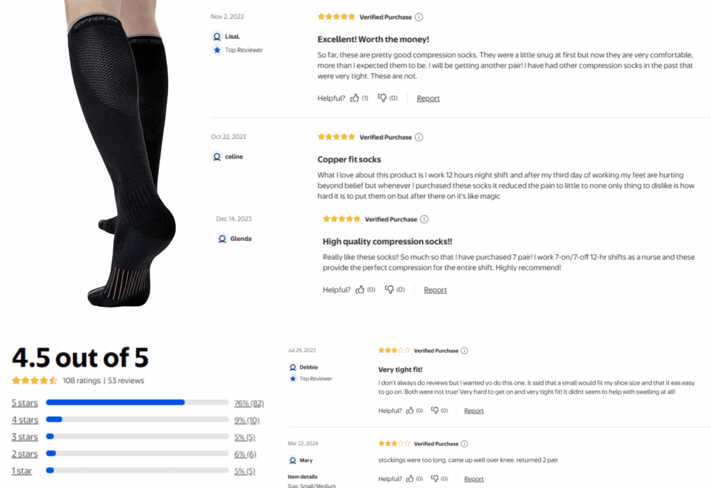 customer reviews on Copper fit compression socks